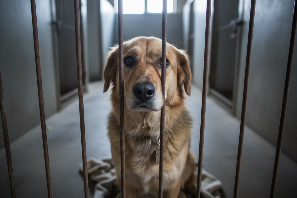 Sad shelter dog waiting under the bars with sad face